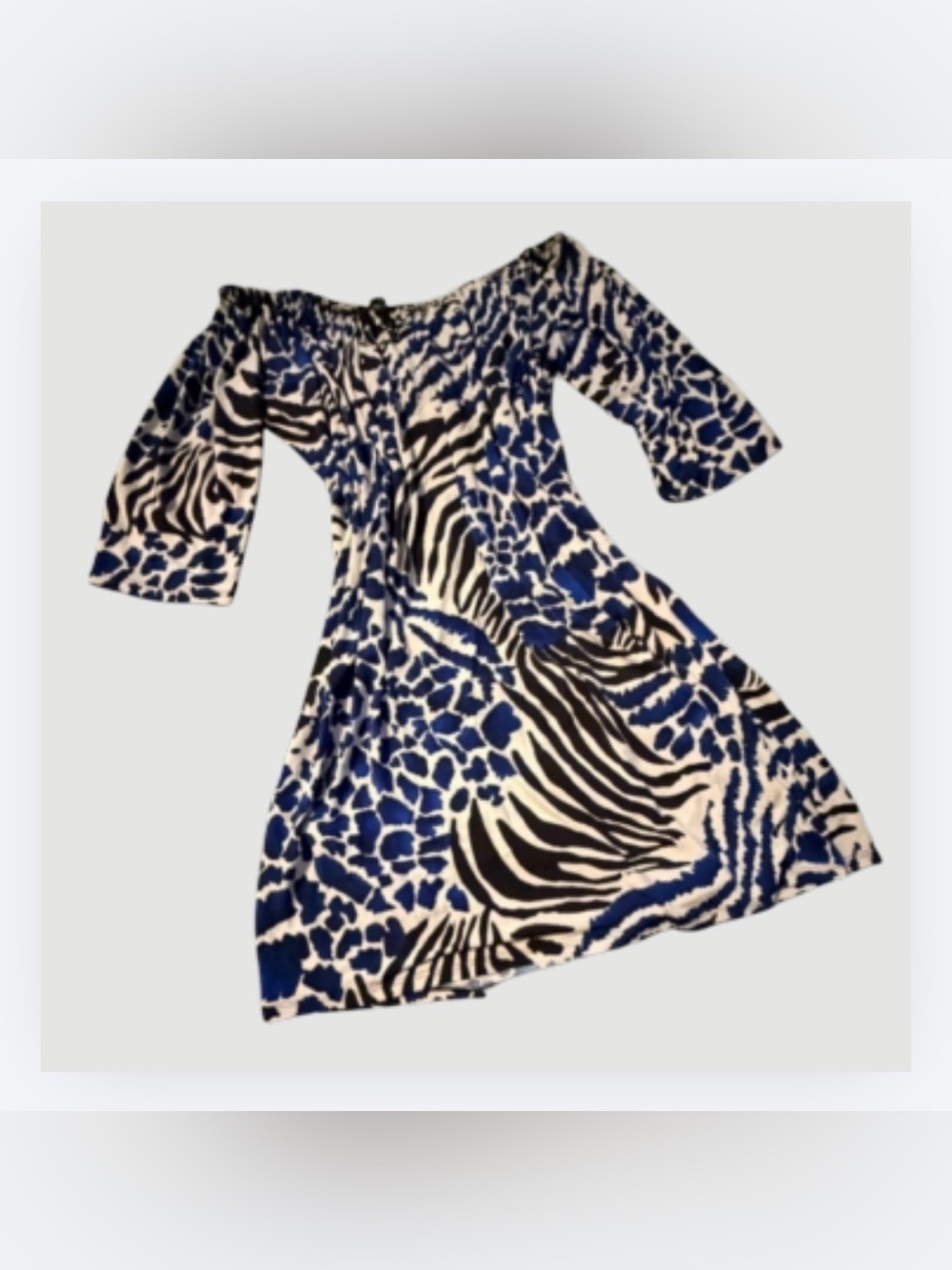 Tiana B. Off-Shoulder Dress, Black & Blue Animal Print, Elastic Neckline, Sz L